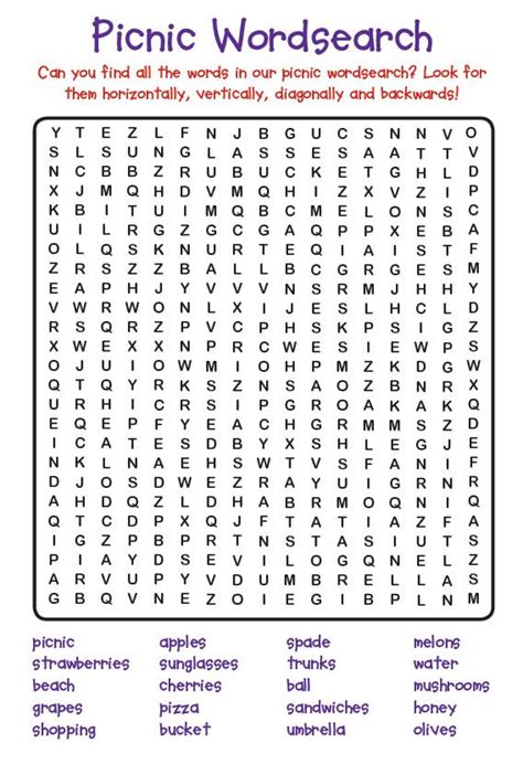 Free Printable Word Search Picnic Foods Riset