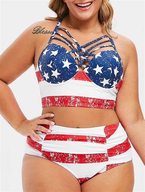 61 OFF Plus Size Lattice Ruched Underwire American Flag Bikini