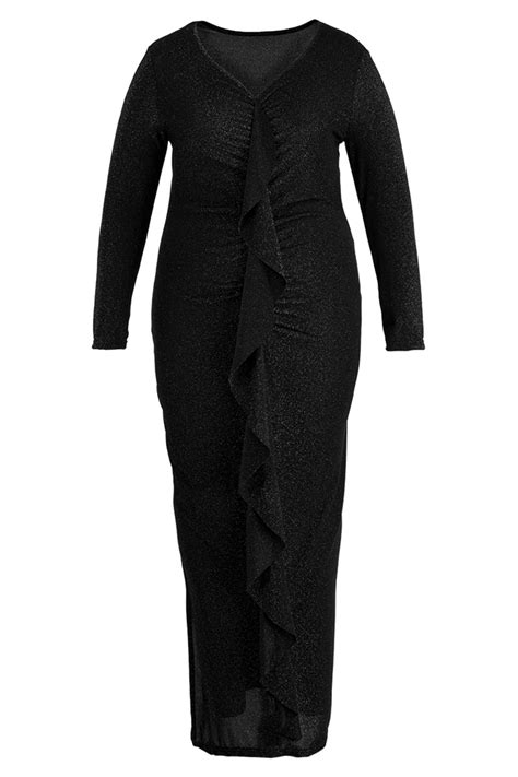 Black Plus Size Fashion Sexy Party Elegant Solid Bright Silk V Neck Wrapped Skirt Plus Size