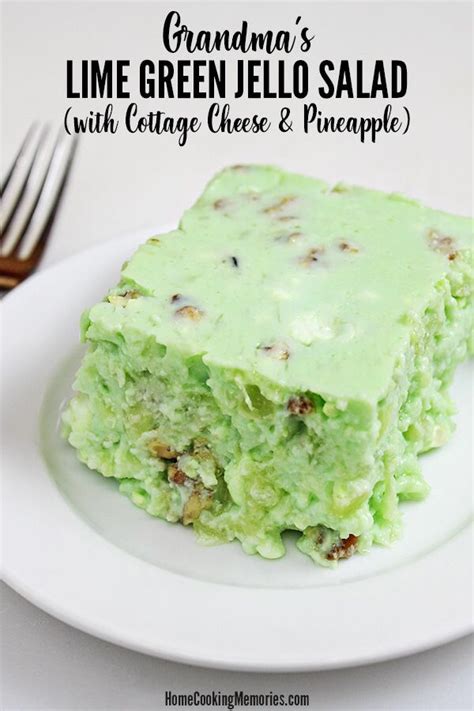 For serving your lime green jello salad recipe with cottage cheese and pineapple, it can be cut into squares, as we show in the photos, but we usually just scoop it out with a serving spoon. Grandma's Lime Green Jello Salad Recipe (with Cottage ...