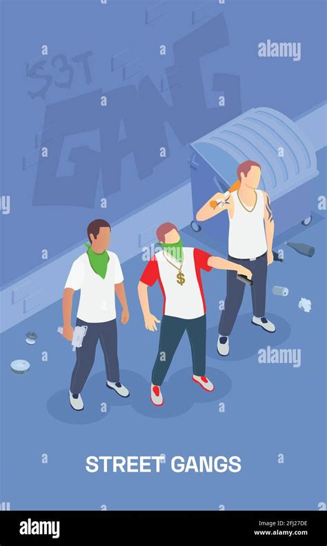 Street Gang With Three Male Gangsters Holding Guns 3d Isometric