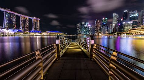 Night City Coast Aerial View Buildings Lights Singapore 4k Hd