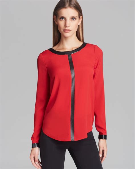 Lyst Dkny Blouse With Faux Leather Trim In Red