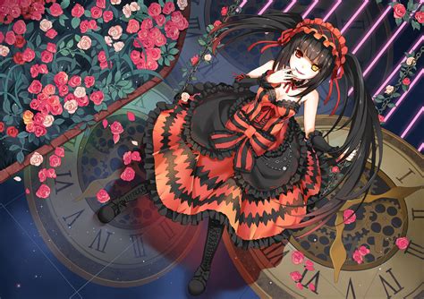 Download Clock Black Hair Flower Rose Dress Long Hair Heterochromia Kurumi Tokisaki Anime Date A