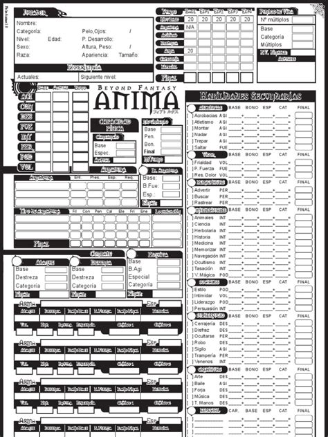 Anima Beyond Fantasy Character Sheet Character Sheet