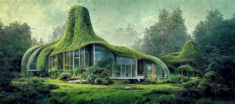 Futuristic Glass House Covered With Moss Grass And Flowers Architectural And Nature Concept