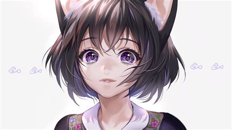 Cat Girl Midori Foo Anime Anime Girls Cat Ears Black Hair Purple