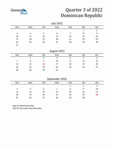 Q3 2022 Quarterly Calendar With Dominican Republic Holidays