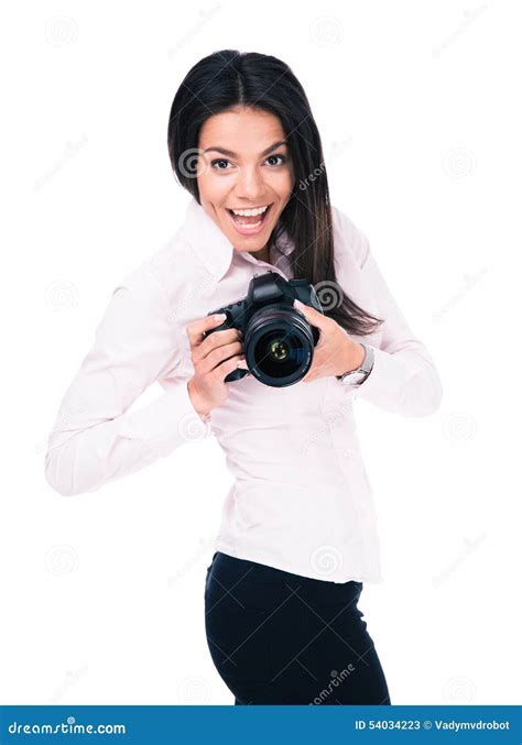 Happy Woman Photographer With Camera Stock Image Image Of Hobby