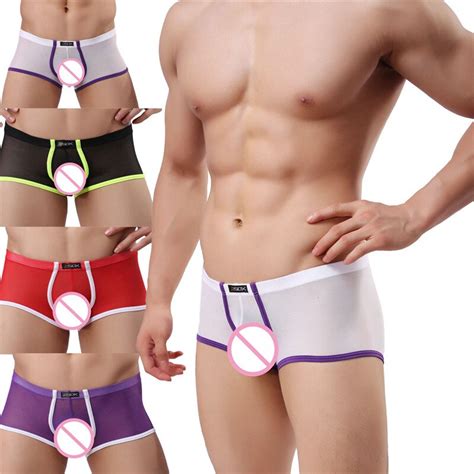 Yufeida Men Underwear Novelty Male Shorts Boxers Faux Leather Mesh Hole