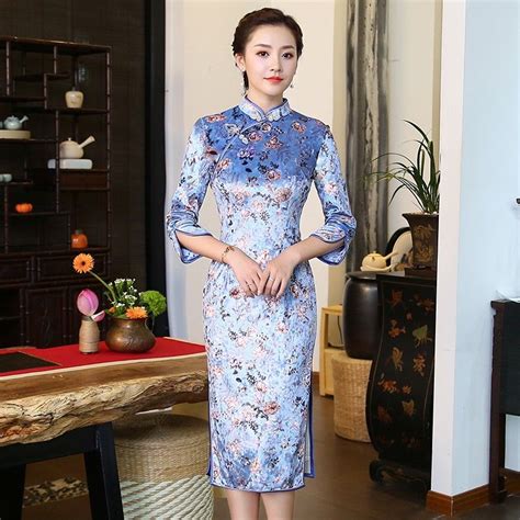 Pretty Cheongsam Qipao Dress Floral Print Velvet Qipao Dress Dresses
