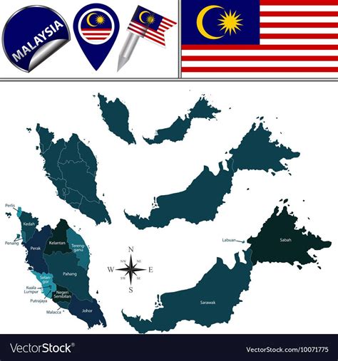 Malaysia Map With Named Divisions Royalty Free Vector Image Map