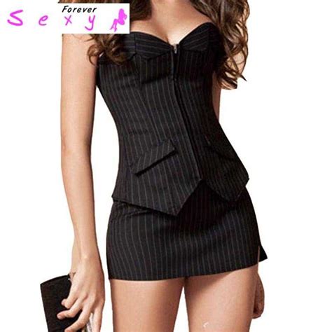 Sexy Striped Office Lady Secretary Uniform Overbust Corset Zipper Lace Up Mini Skirt Role Play