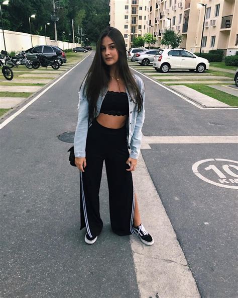 Wide Legged Cropped Pants With Black Crop Top And Denim Jacket