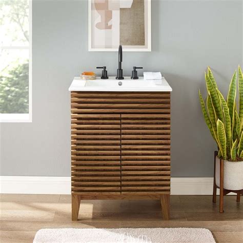 Modway Render Modern Style Wood Bathroom Vanity In Walnut And White