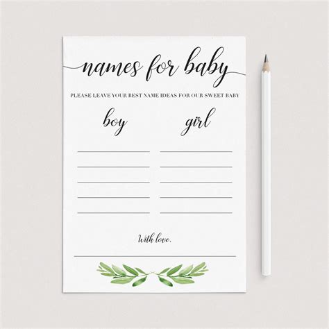 Printable Baby Name Suggestion Card Gender Neutral With Green Leaves