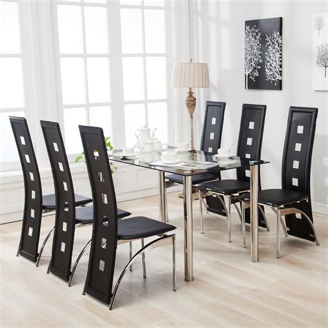 Choose whether you would like chairs, stools, or benches around your table. 7Pcs Dining Table Set 6 Chairs Glass Metal Kitchen Room ...