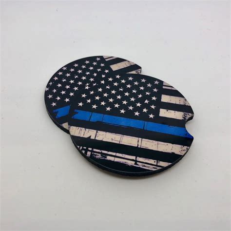 American Flag With Thin Blue Line Car Coasters Set Of 2 Police Officer