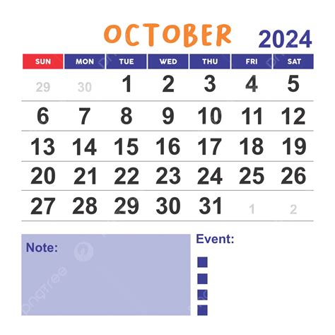 October 2024 Vector Calendar October Monthly Calendar Png And Vector