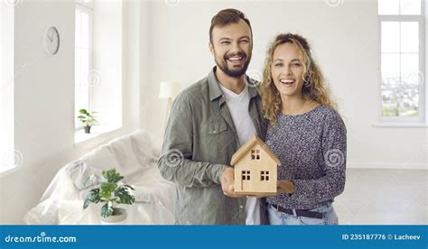 Banner With Happy Young Couple Whoand X27ve Bought New Home Holding