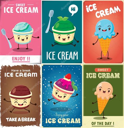 Vintage Ice Cream Poster Design Set With Ice Cream Character Stock