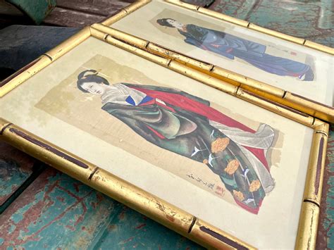 Pair Of Vintage Japanese Silk Paintings With Faux Bamboo Frame Geisha