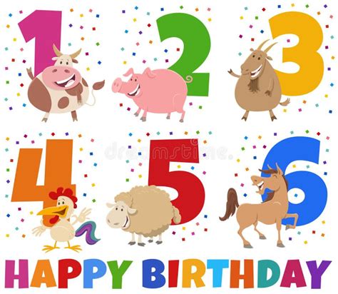 Birthday Greeting Cards Set With Cartoon Farm Animal Characters Stock