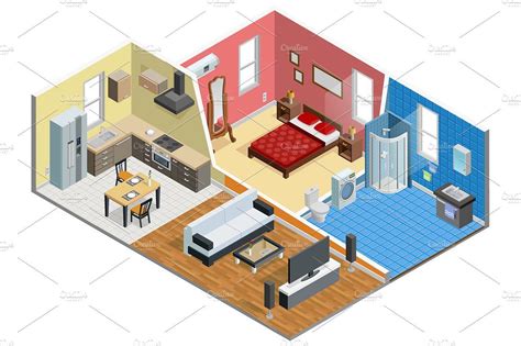 Isometric Interior Set Isometric Design Living Room Vector Bedroom