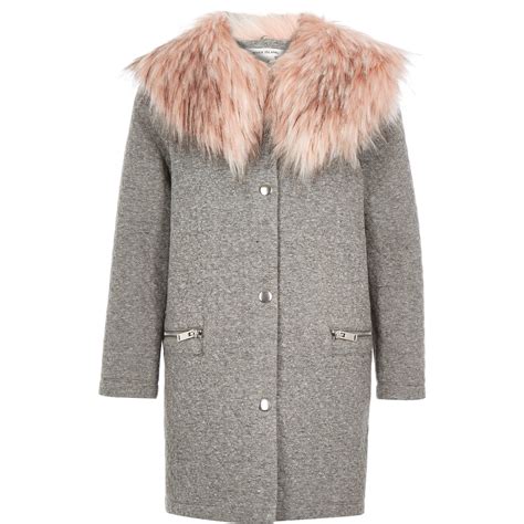River Island Girls Grey Fun Faux Fur Collar Coat In Gray Grey Lyst