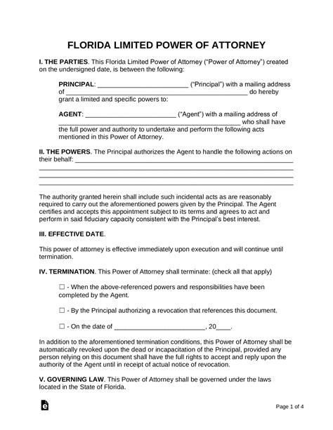 Free Florida Limited Power Of Attorney Form Pdf Word Eforms