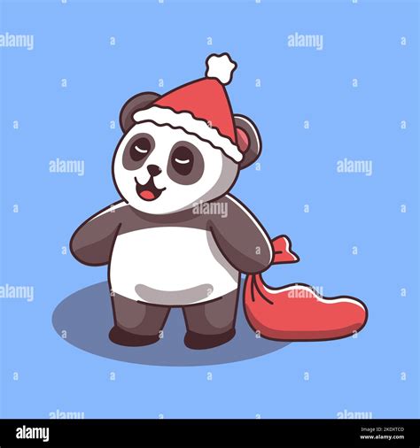 Cute Panda Wearing Santa Hat Holding Red Sack New Year Christmas Vector