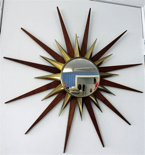 Sunburst Mirror Mid Century Danish Modern Walnut And Brass Wall Mirror
