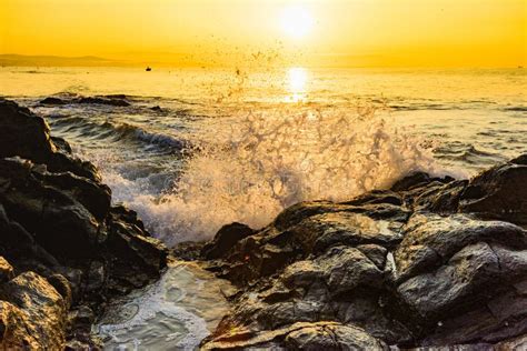 Morning Dawn On The Seashore Waves Crash Against The Rocks Splashing