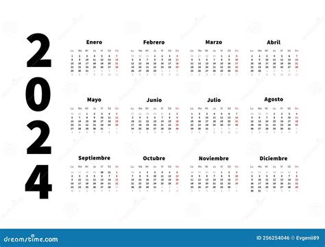 2024 Year Simple Horizontal Calendar In Spanish Language Typographic