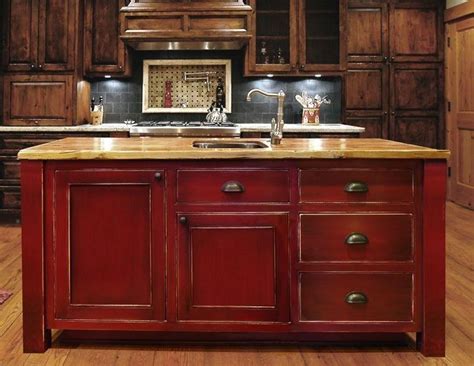 Distressed white kitchen cabinets in log homes. Pin by Beth Underwood on Home | Red kitchen cabinets ...