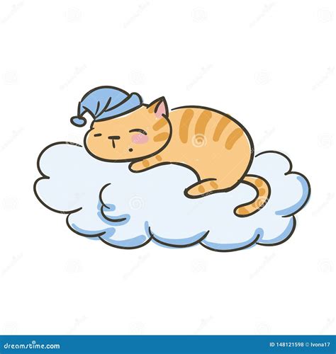Doodle Cute Little Cat Vector Sleep On The Cloud Stock Illustration