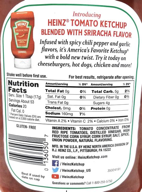 Heinz Ketchup Nutrition Label