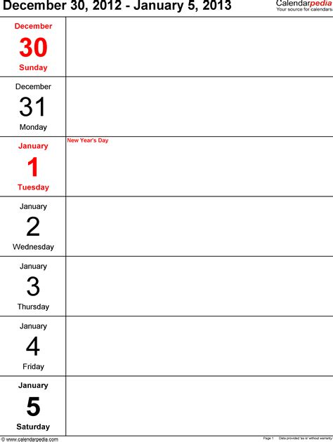 Weekly Calendars 2013 For Excel 4 Free Printable Templates