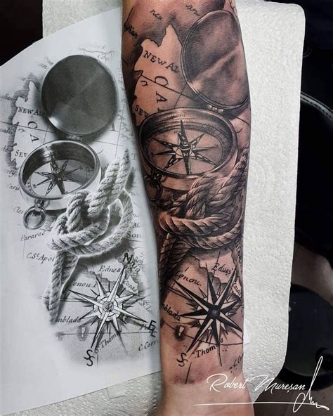 Compass And Map Tattoo Realism In 2021 Arm Tattoos For Guys Clock