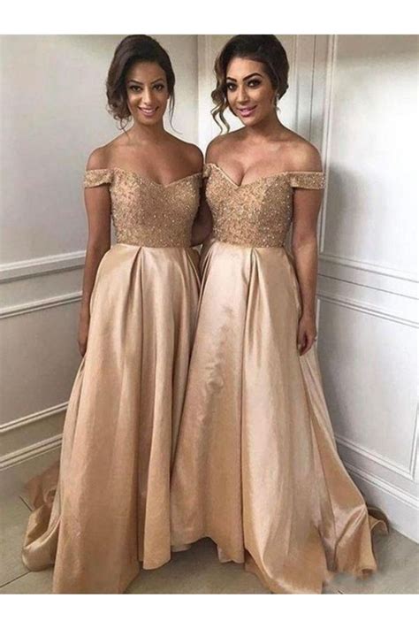 A Line Beaded Off The Shoulder Long Bridesmaid Dresses 3010347 In 2020