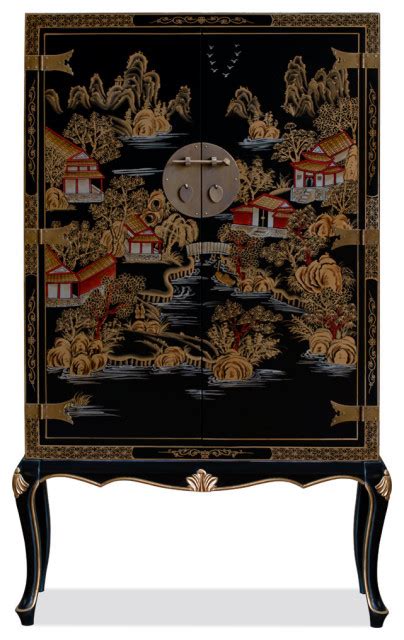 Black Victorian Style Chinoiserie Chinese Scenery Motif Armoire Asian