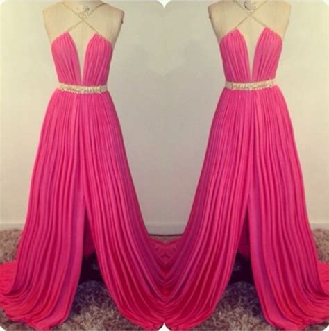 2016 Custom Made Sexy Fushica Floor Length Slitp Chiffon Prom Gowns Sexy Prom Dresses Prom 2015