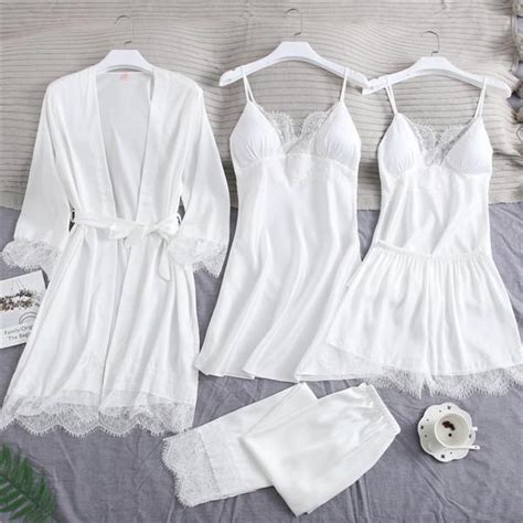 مثير كامل الانزلاق الدانتيل الأبيض الحرير منامة مجموعة النساء 5 قطع كيميز العروس الزفاف رداء ثوب