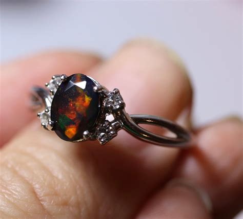Natural Black Fire Opal Engagement Ring Made W White Topaz Accent