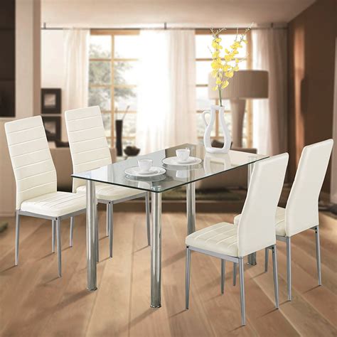 Zimtown 5 Piece Dining Table Set White 4 Chair Glass Metal Kitchen