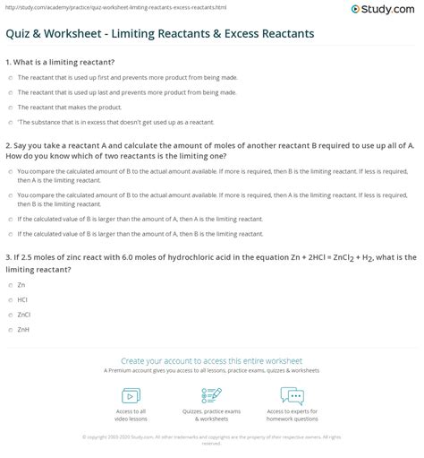 Oxygen is the limiting reactant. Quiz & Worksheet - Limiting Reactants & Excess Reactants ...