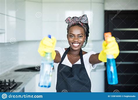 Afro American Woman With House Supplies Ready To To Clean Room Spring