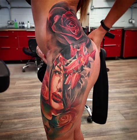 Red Rose And Portrait Girls Side Piece Best Tattoo Design Ideas