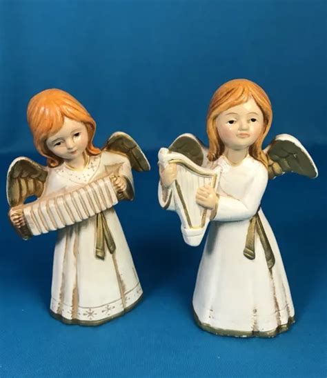 Vintage Pair 1960s Christmas Ceramic Kitschy Angel Figurines White Made