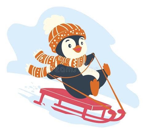 Funny Penguin Sledding Christmas Penguin Ride On A Sleigh Illustration